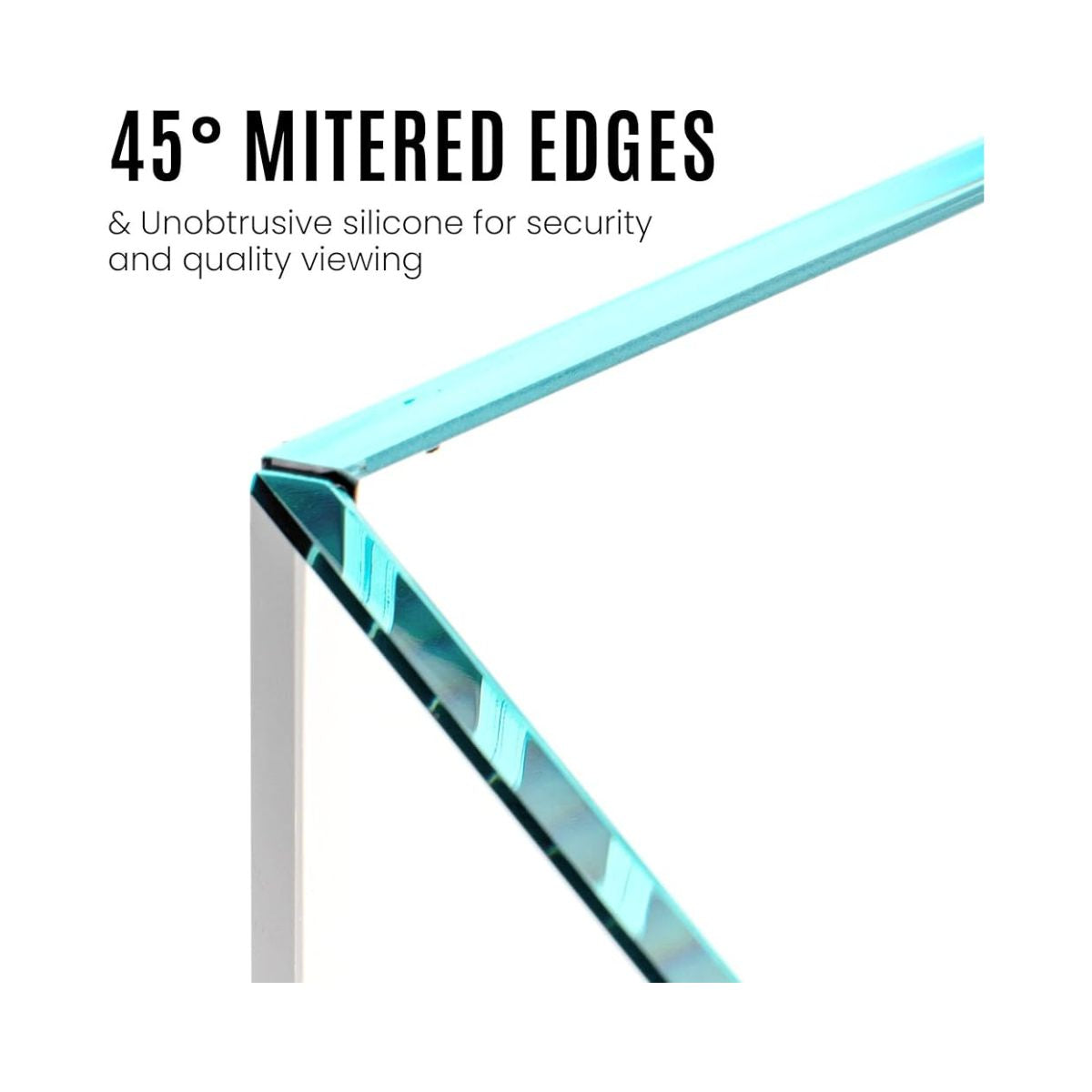 Glass panel with 45-degree mitered edges and unobtrusive silicone on a white background.