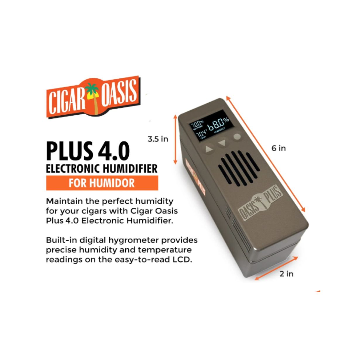 Cigar Oasis Plus 4.0 electronic humidifier with digital hygrometer for precise humidity control inside humidor cabinets