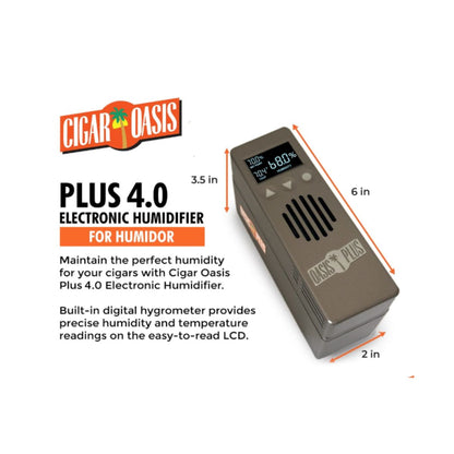 Cigar Oasis Plus 4.0 electronic humidifier with digital hygrometer for precise humidity control inside humidor cabinets