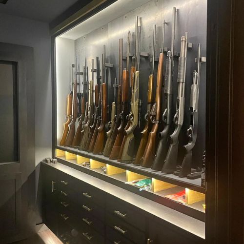 Row of rifles displayed in a case with lighting