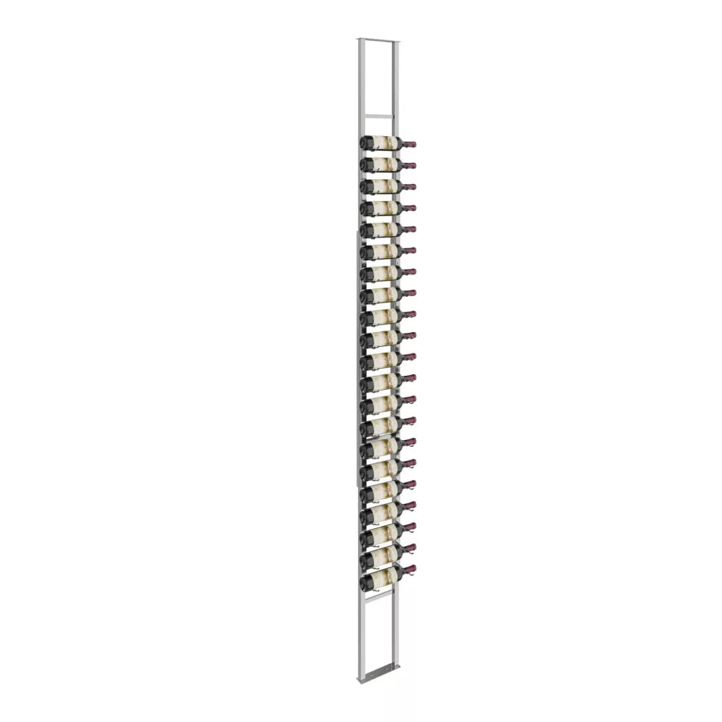 Tall wine rack with multiple bottles on a white background