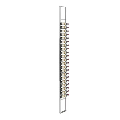 Tall wine rack with multiple bottles on a white background