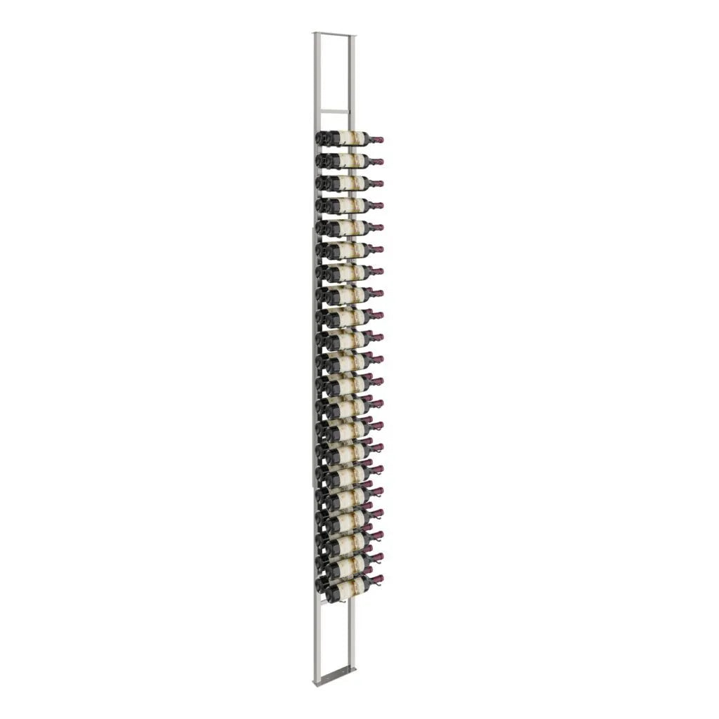 Metal wine rack holding multiple wine bottles on a white background