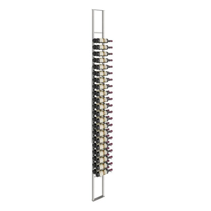 Metal wine rack holding multiple wine bottles on a white background