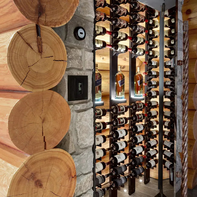 Wine rack with bottles and wooden planks in a rustic setting