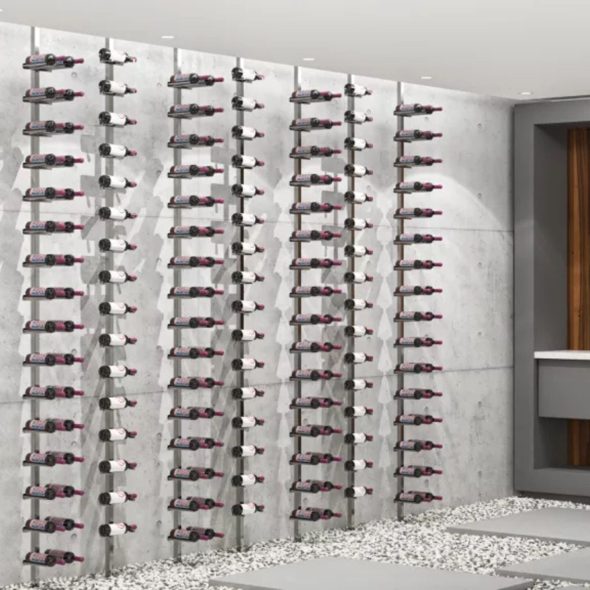 modern wine wall with floor-to-ceiling post system and label-forward bottle display