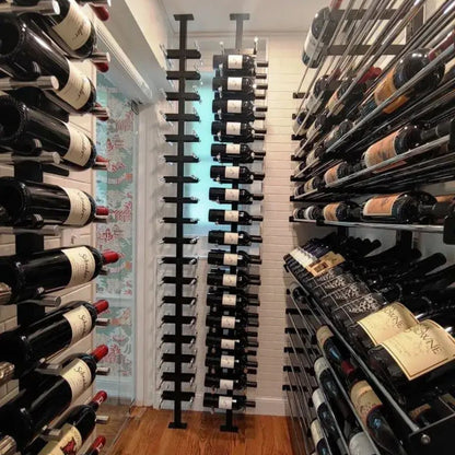vino post system in narrow wine room with vertical bottle storage on both sides