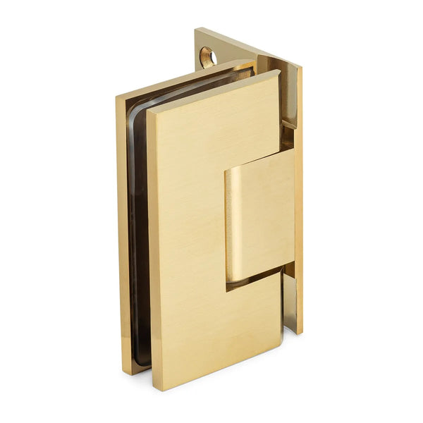 Taiga Heavy Duty Adjustable 90° Wall-Glass Hinge with Offset Backplate - Brushed Brass PVD