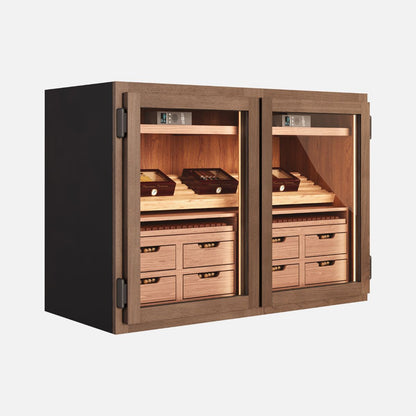 Angled view of under counter double door humidor cabinet with glass display and premium wood construction