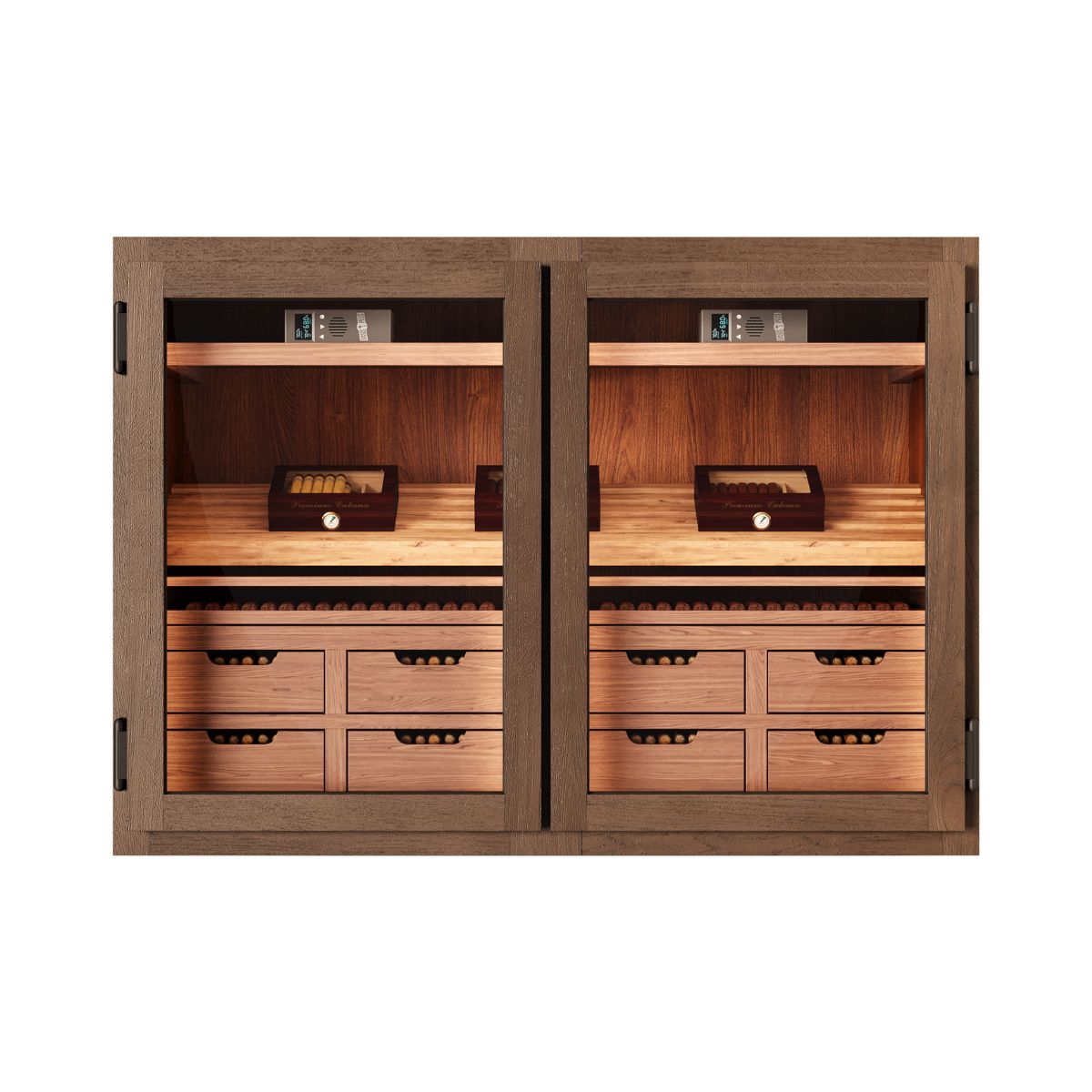 Under counter double door cigar humidor cabinet with glass doors, Spanish cedar interior, and drawer storage