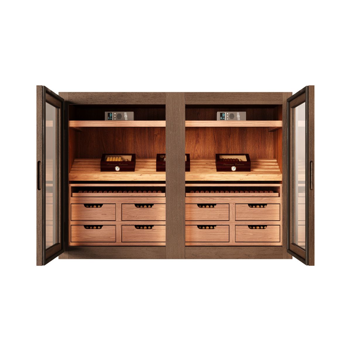 Double door cigar humidor cabinet open showing Spanish cedar shelves, drawers, and organized cigar storage