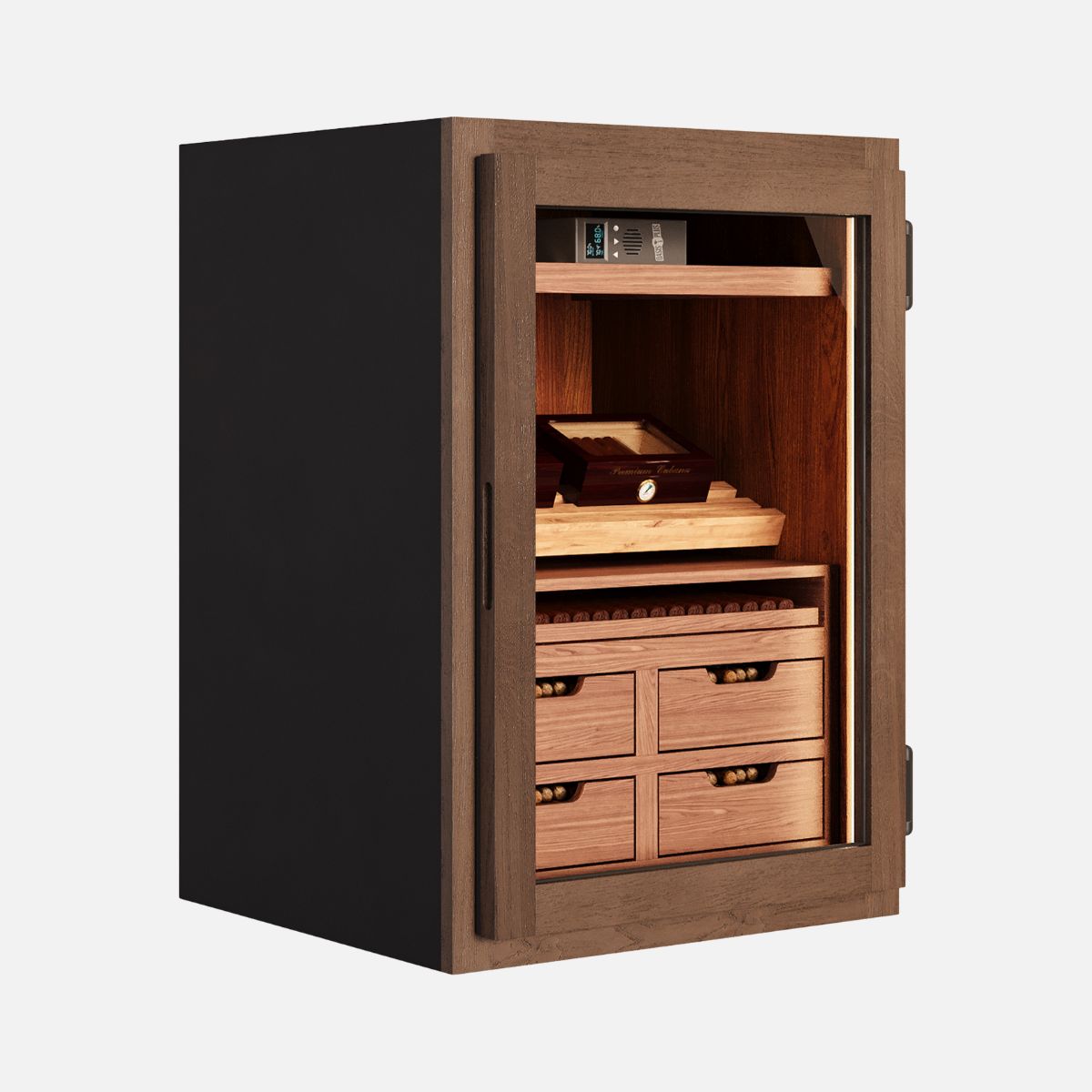Single door cigar humidor cabinet with glass front, Spanish cedar interior, and drawer storage