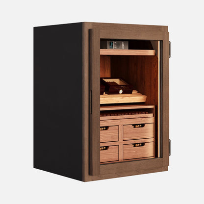 Single door cigar humidor cabinet with glass front, Spanish cedar interior, and drawer storage