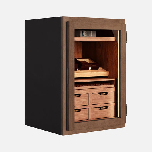 Single door cigar humidor cabinet with glass front, Spanish cedar interior, and drawer storage