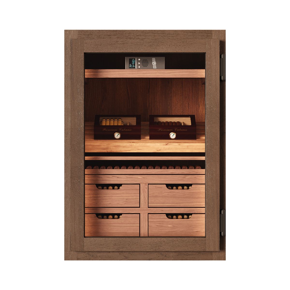 Front view of under counter single door humidor cabinet with glass panel and cigar storage system