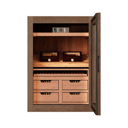 Single door cigar humidor cabinet open showing Spanish cedar interior, shelves, and storage drawers