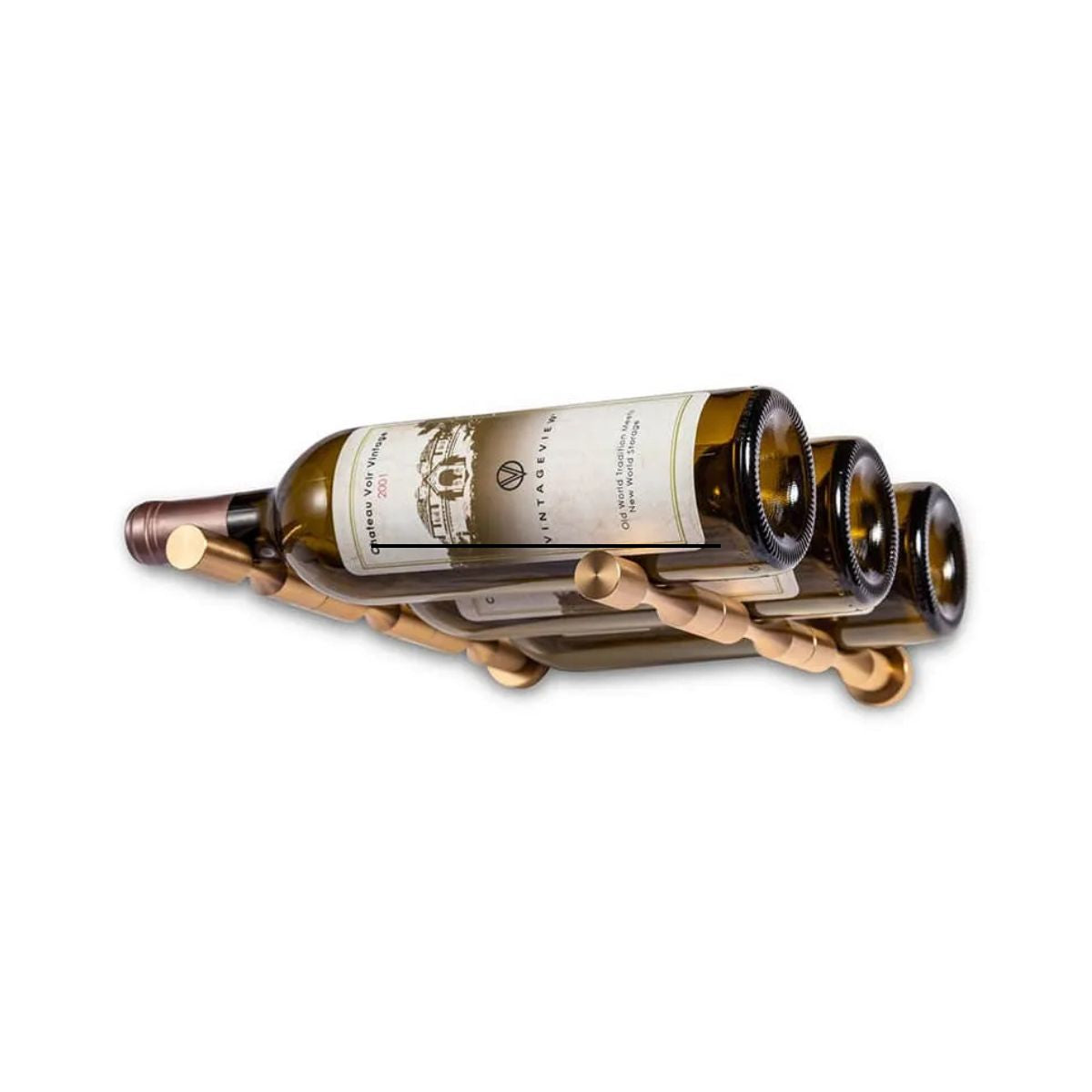 Vintage View Wine rack in golden bronze holding three bottles of wine