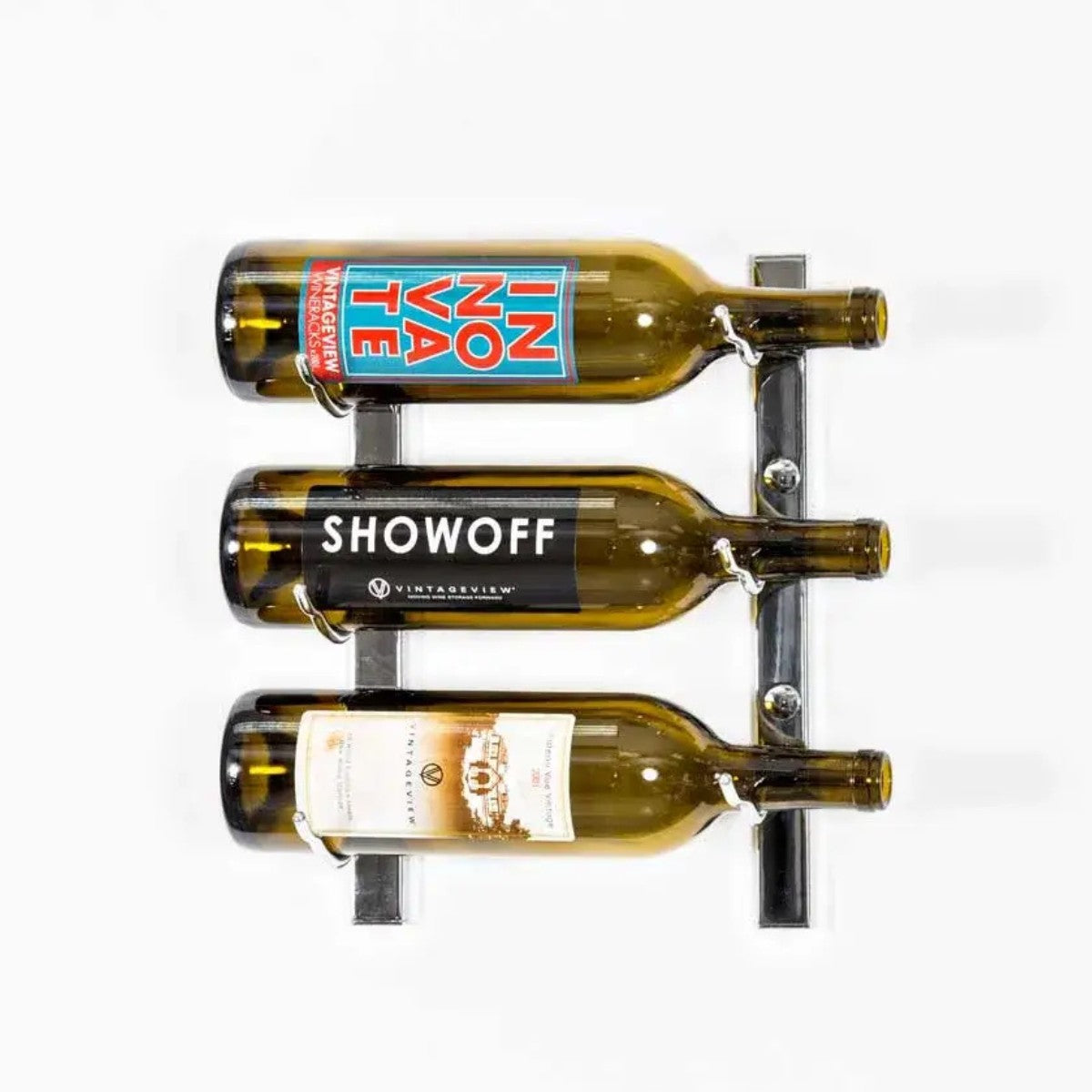 Wine bottle holder with three bottles on a white background