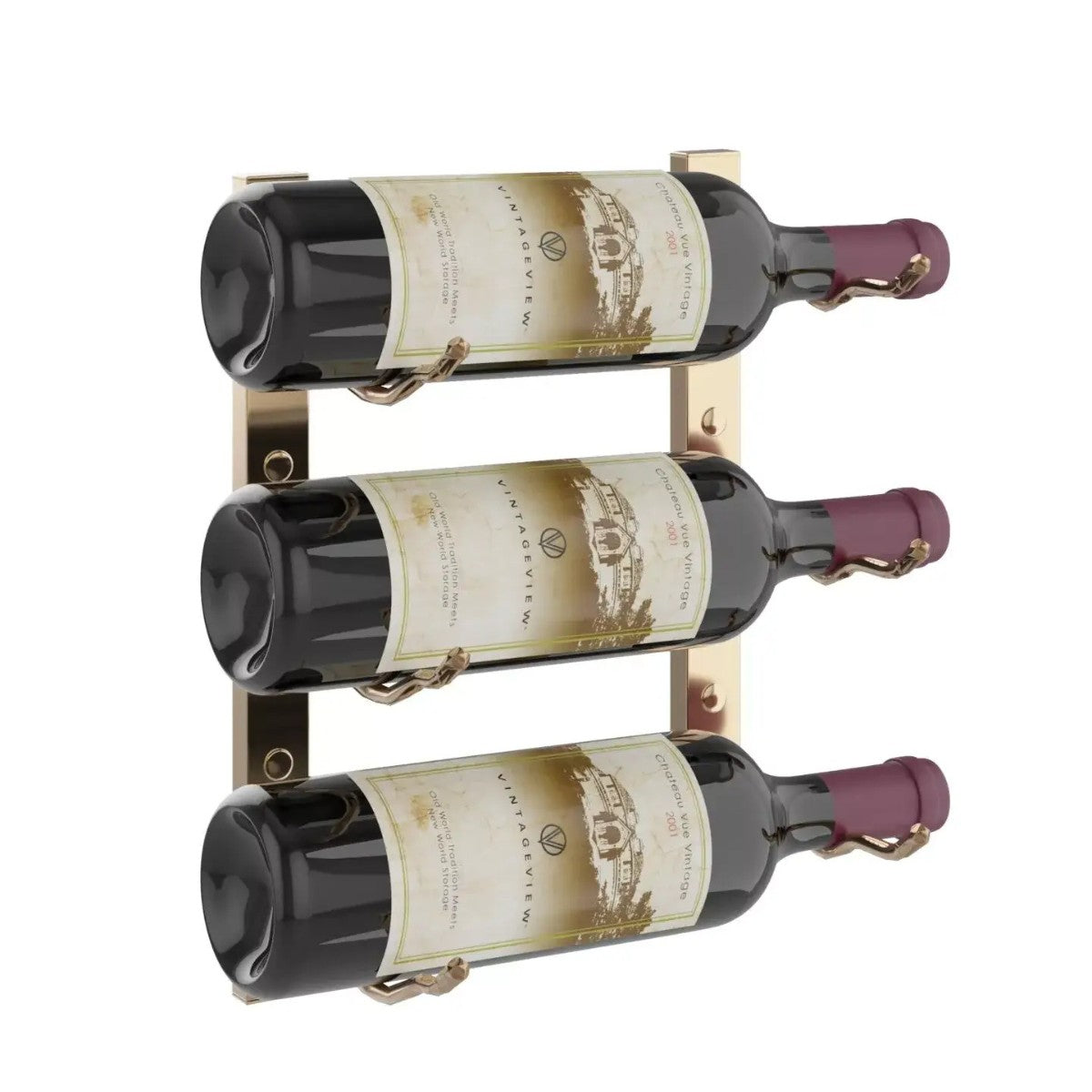 Wine rack holding three bottles of wine on a white background