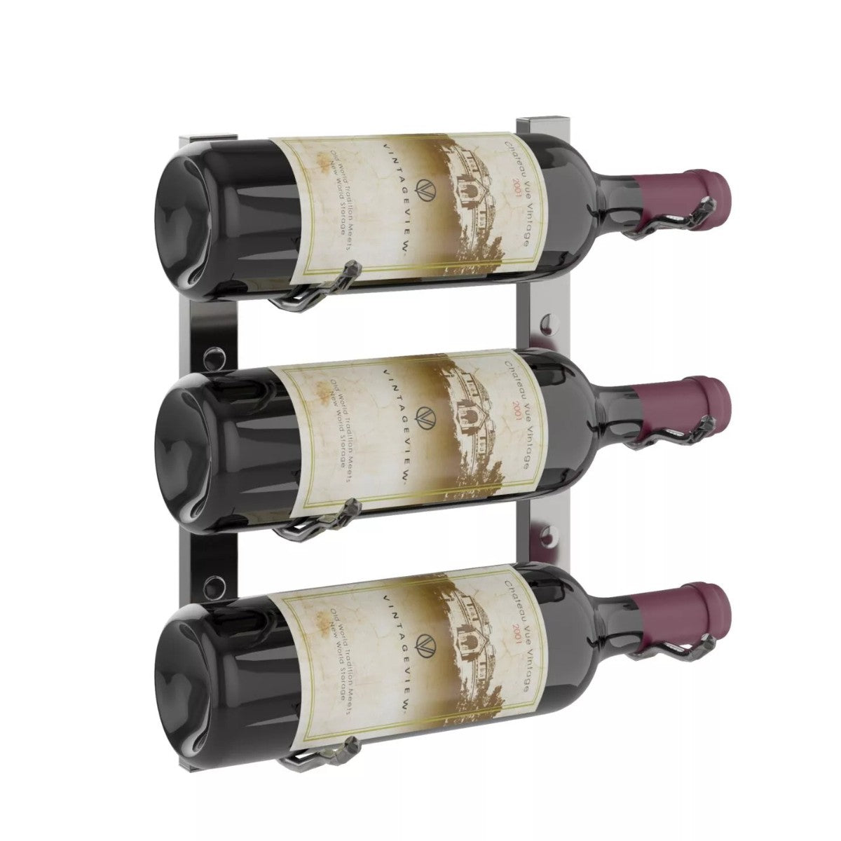 Wine rack holding three bottles of wine on a white background