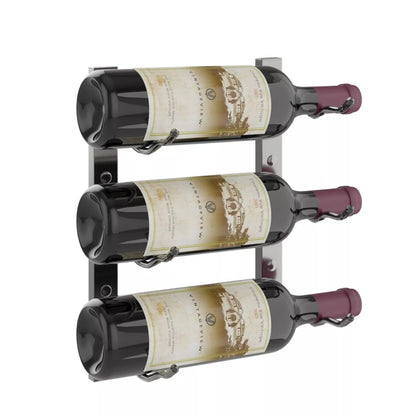 Wine rack holding three bottles of wine on a white background
