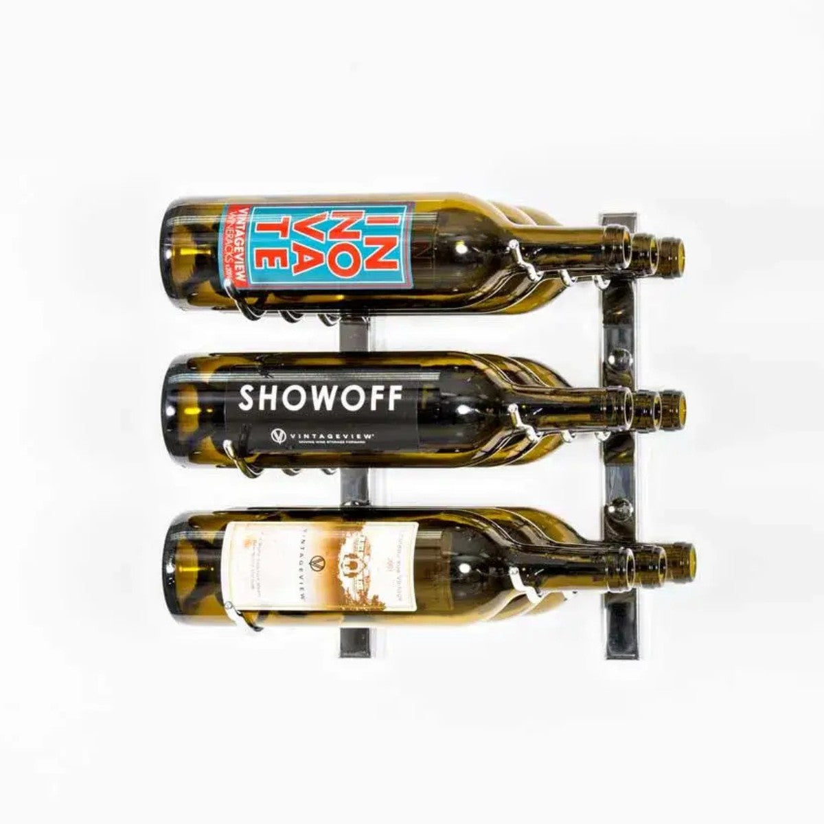 Wine bottle holder with three bottles on a white background