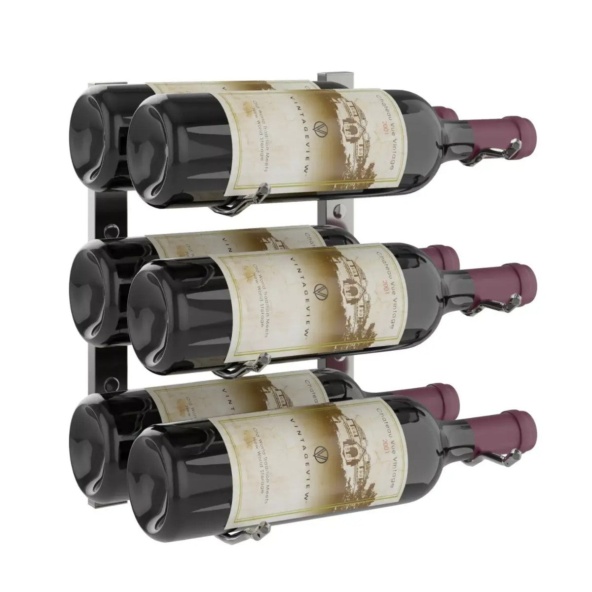 Wine rack holding four bottles of wine on a white background