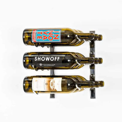 Wine bottle holder with three bottles on a white background