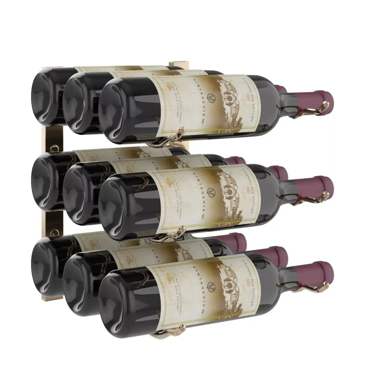 Wine rack holding six bottles of wine on a white background