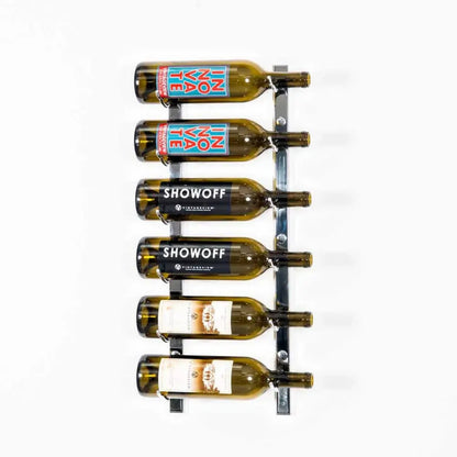 Wine rack holding six bottles of Showoff wine on a white background