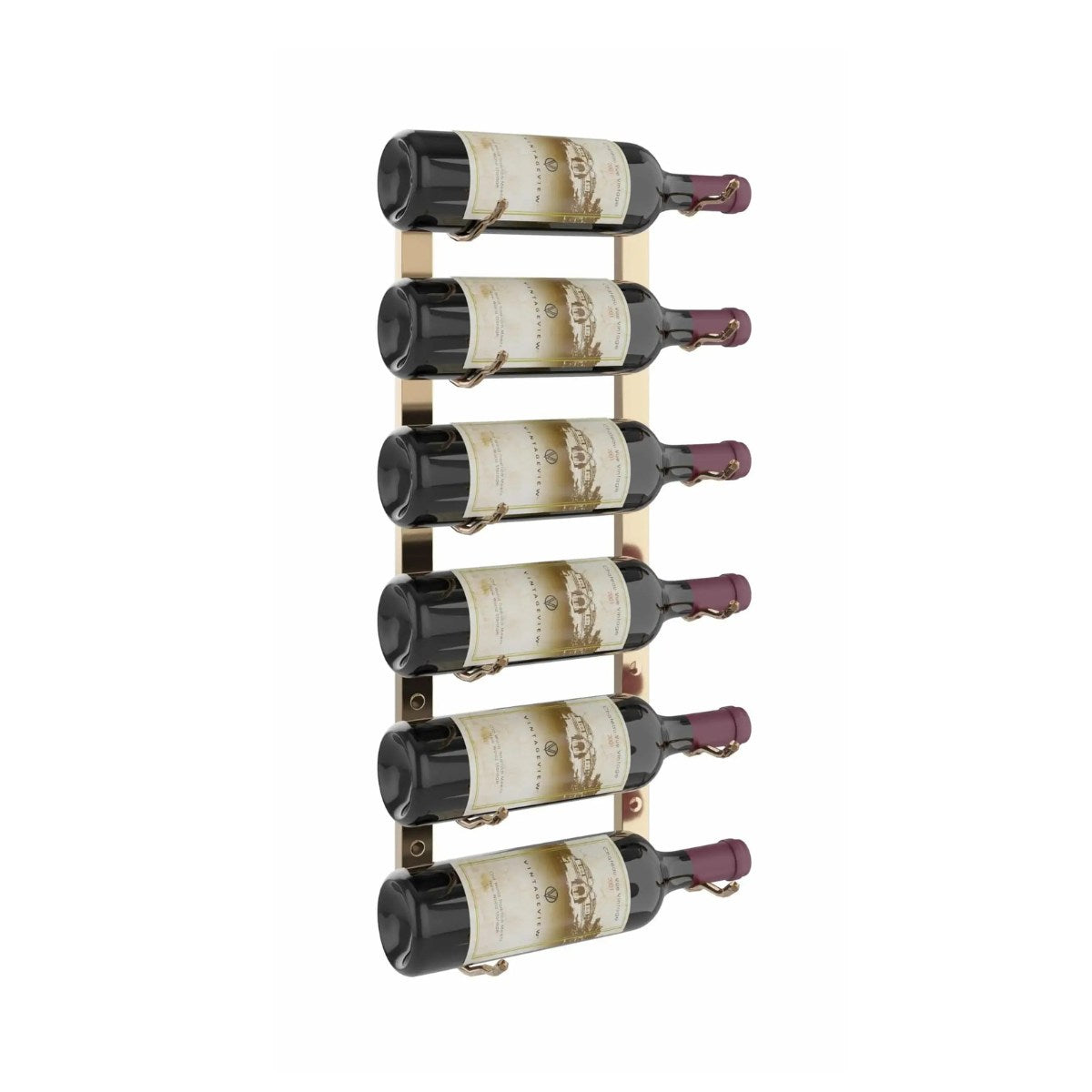 Wine rack holding six bottles of wine on a white background