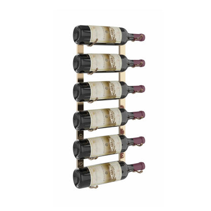 Wine rack holding six bottles of wine on a white background