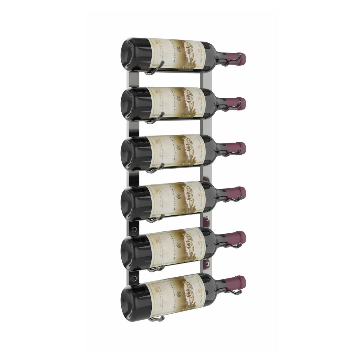 Wall-mounted wine rack holding six bottles of wine on a white background