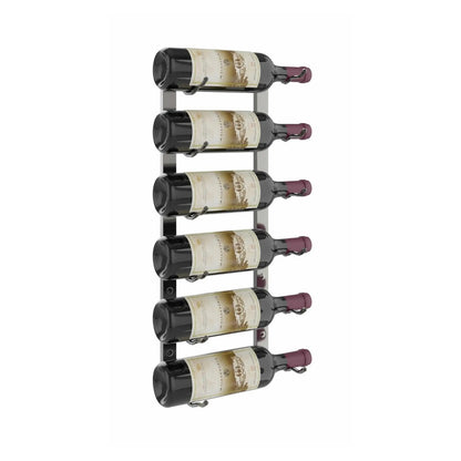 Wall-mounted wine rack holding six bottles of wine on a white background