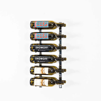 Wine rack holding six bottles of Showoff wine on a white background