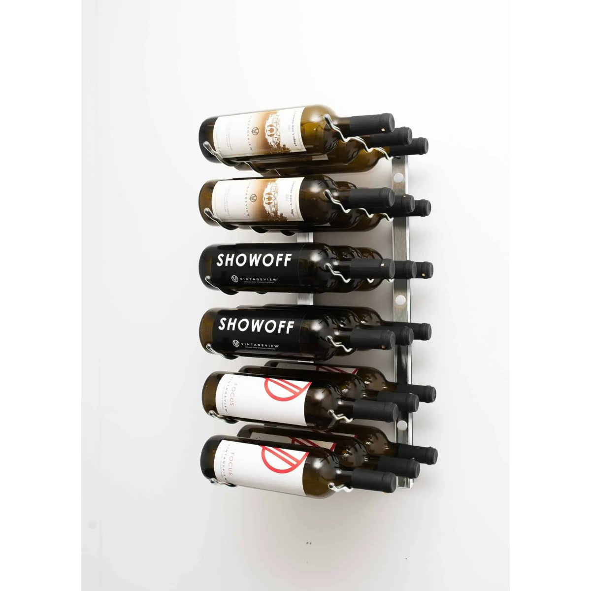 Wall-mounted wine rack holding six bottles of wine on a white background