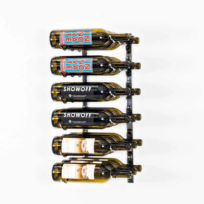Wine rack holding six bottles of Showoff wine on a white background