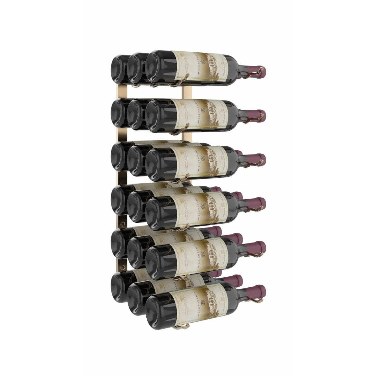 Stack of wine bottles arranged in a metal rack on a white background