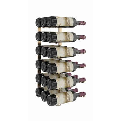Stack of wine bottles arranged in a metal rack on a white background