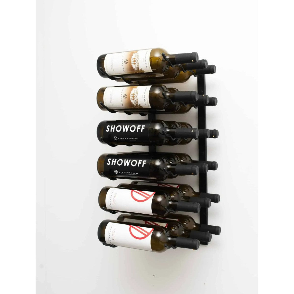 Wall-mounted wine rack holding six bottles of Showoff wine on a white background