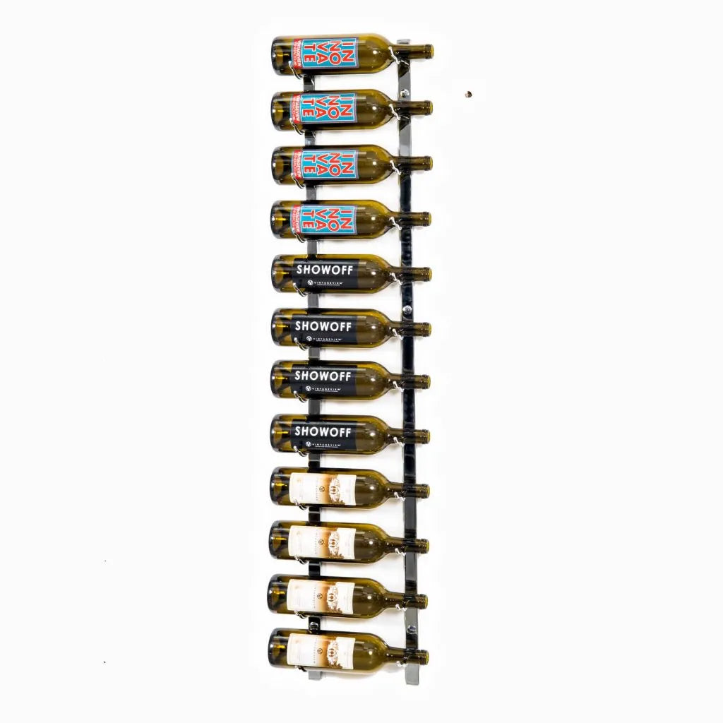 Chrome Wine rack holding multiple bottles of Showoff wine against a white background