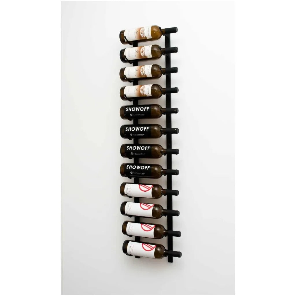 Wall-mounted black wine rack with labeled bottles on a white background