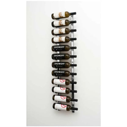Brushed nickel wall-mounted wine rack with labeled wine bottles on a white background