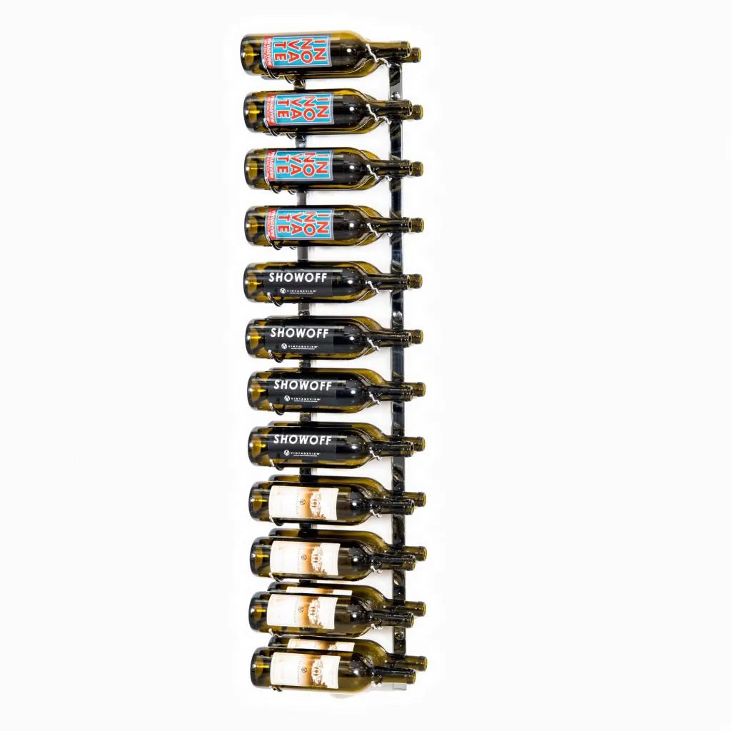 Wall-mounted wine rack with wine bottles on a white background