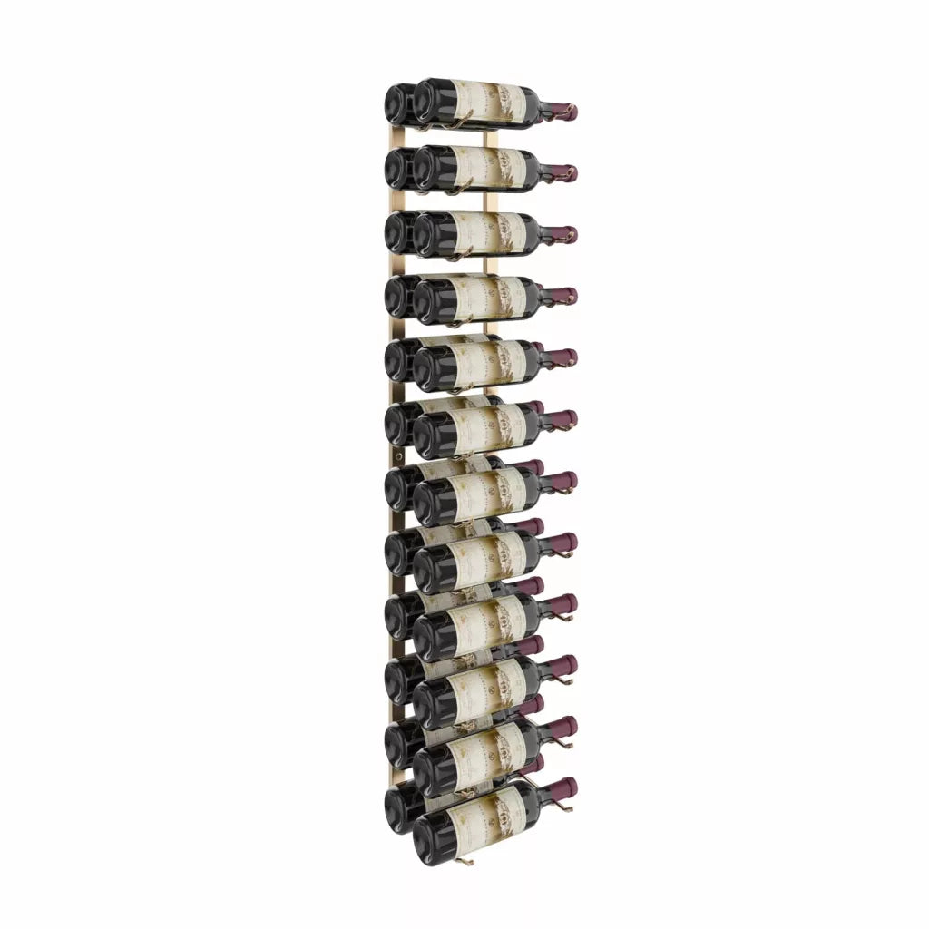 Wall-mounted wine rack with wine bottles on a white background
