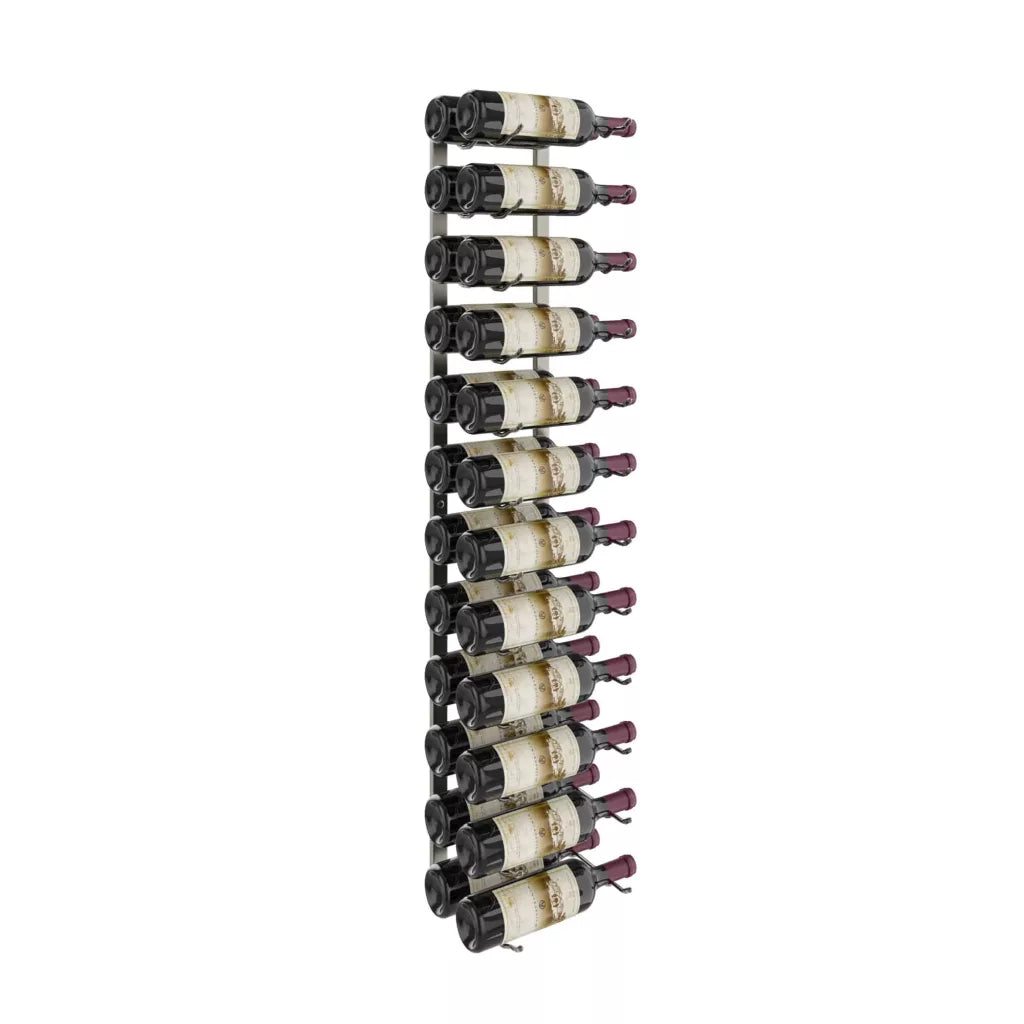 Wall-mounted wine rack with wine bottles on a white background
