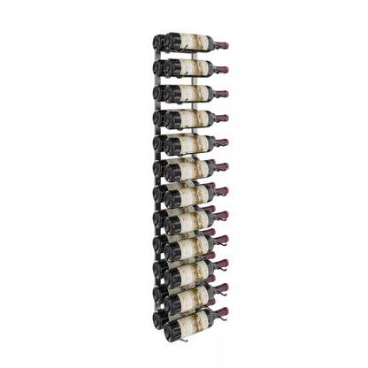 Wall-mounted wine rack with wine bottles on a white background