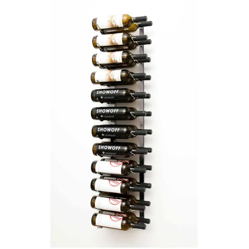 Wall-mounted wine rack with wine bottles on a white background