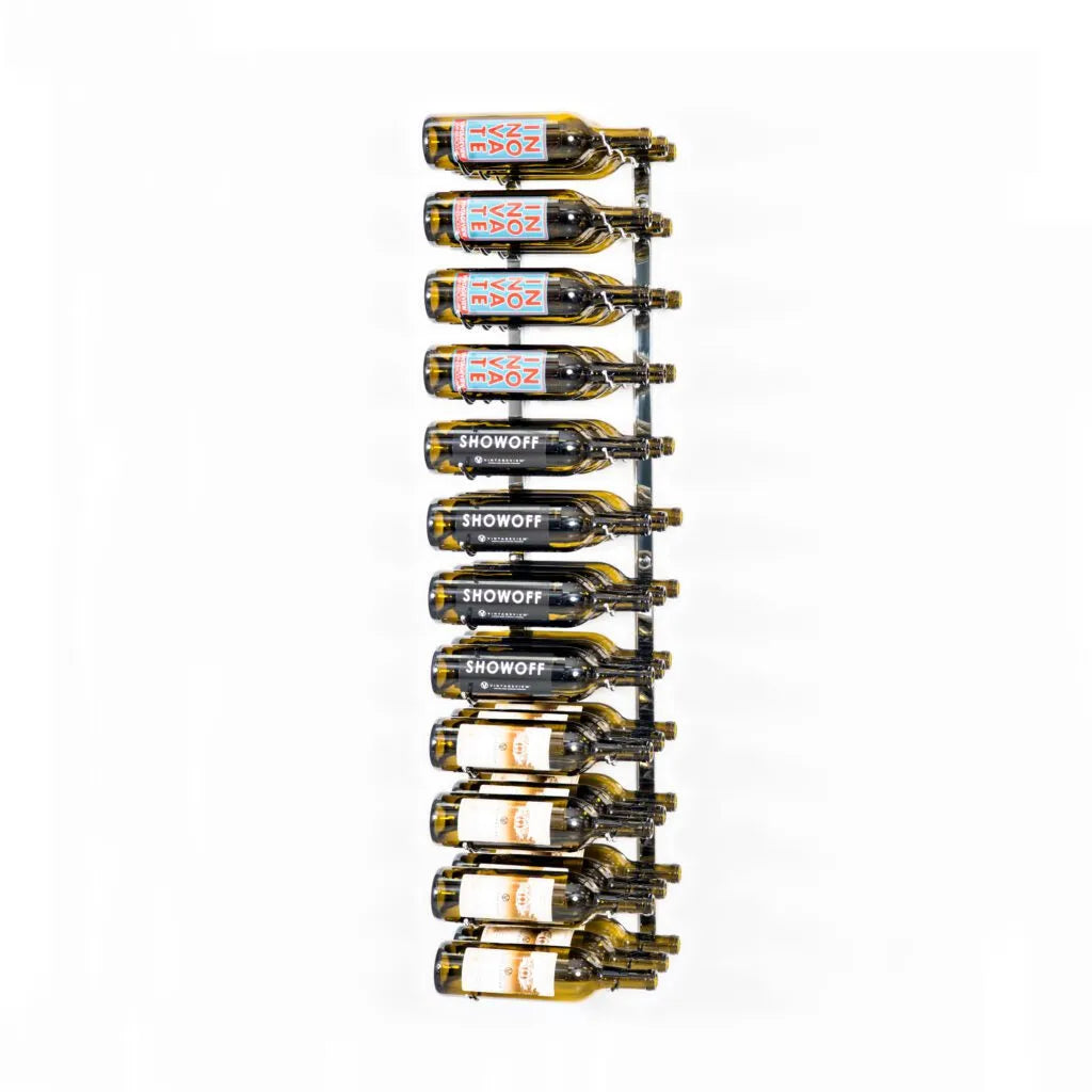 Wall-mounted wine rack with wine bottles on a white background