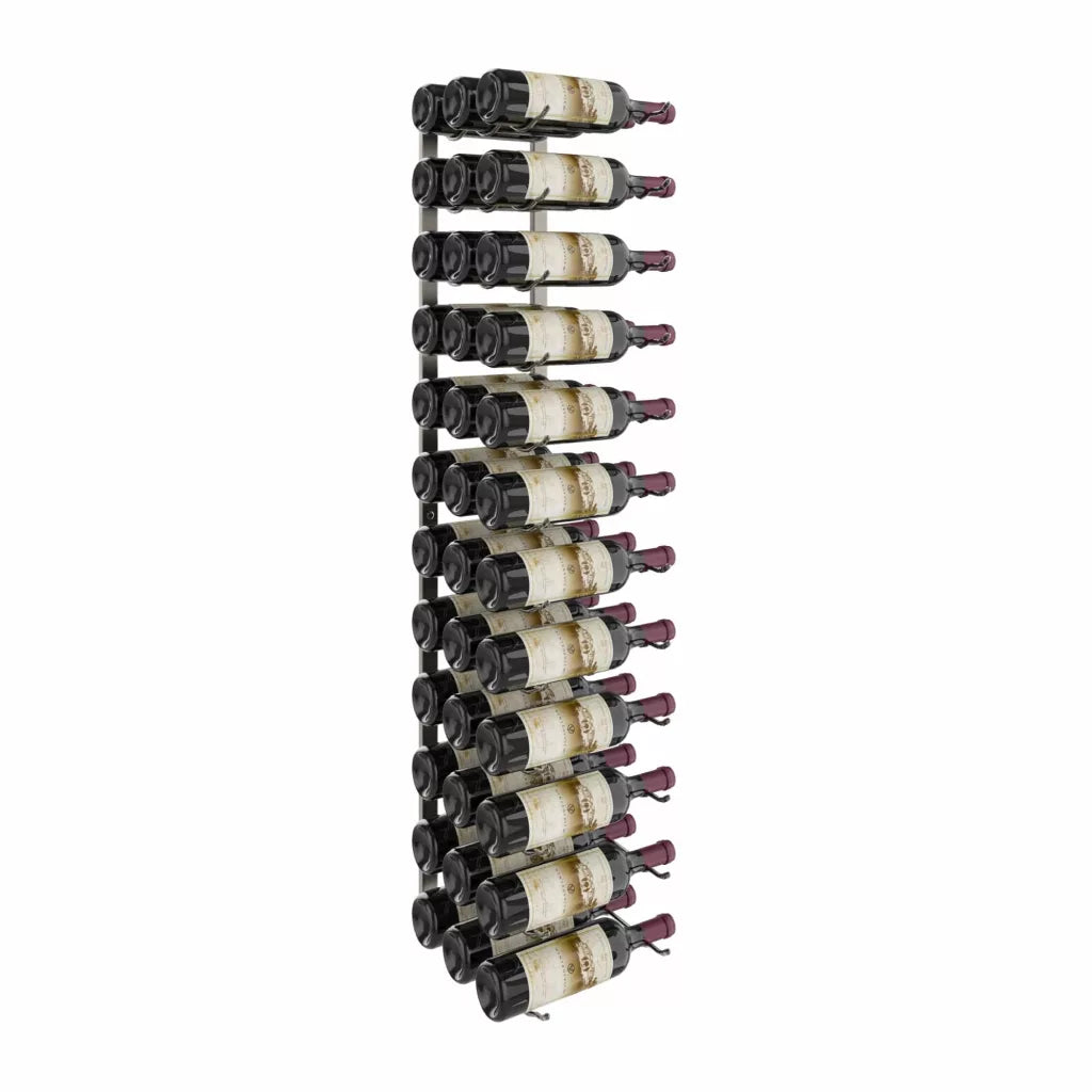 Wall-mounted wine rack with wine bottles on a white background